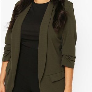 Plus ruched sleeve blazer in “khaki” color (Olive a green).